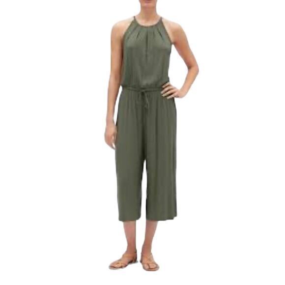 Gap Halter-Neck Wide Leg, Drawstring Waist, Olive Sage Green Jumpsuit‎ - Picture 1 of 13